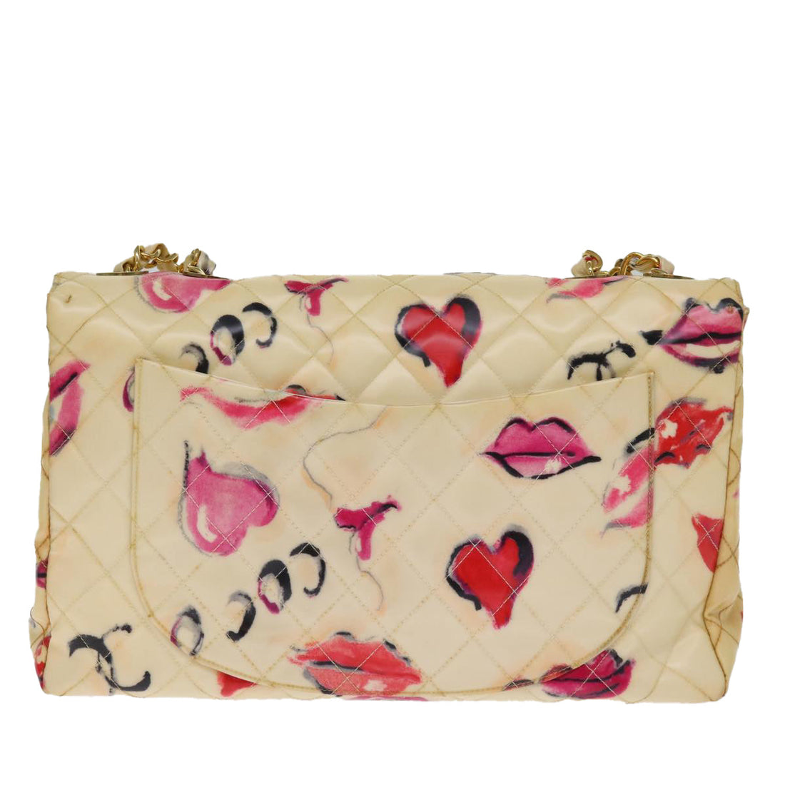 CHANEL Matelasse Chain Shoulder Bag Patent leather Cream CC Auth 74406A