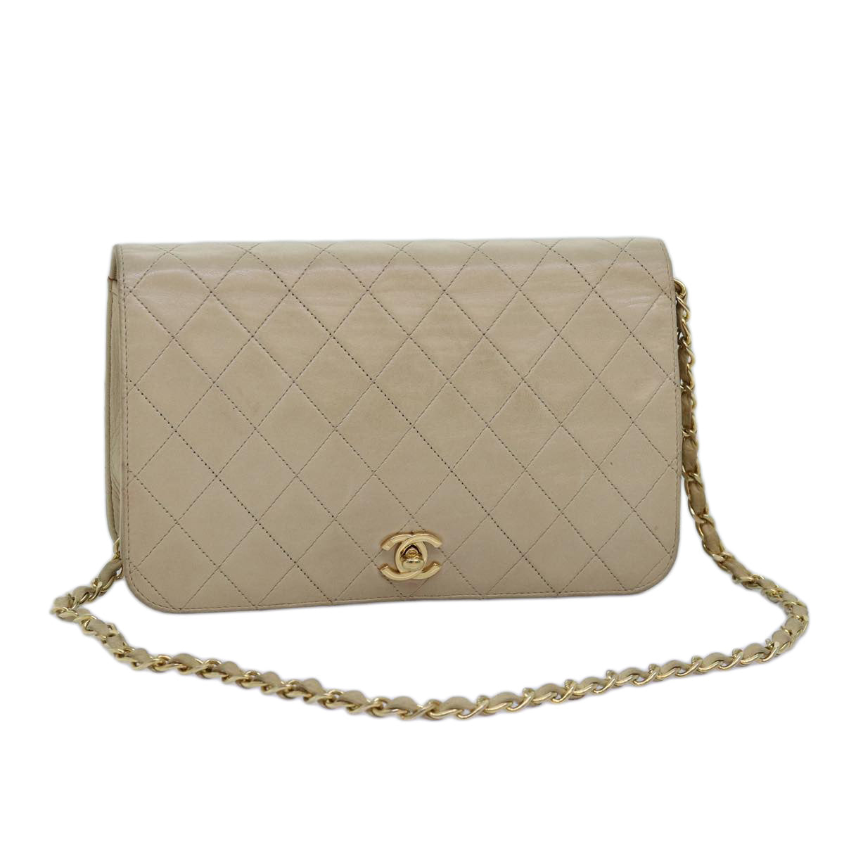 CHANEL Chain Shoulder Bag Lamb Skin Beige CC Auth 74732A