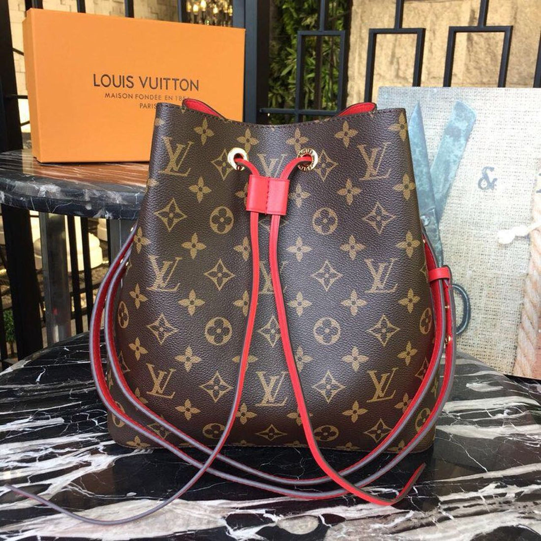 LV NeoNoe MM Bucket Bag Monogram Canvas Coquelicot Red For Womtlm, Womtlm’s Handbags, Shoulder And Crossbody Bags 10.2in/26cm LV M44021