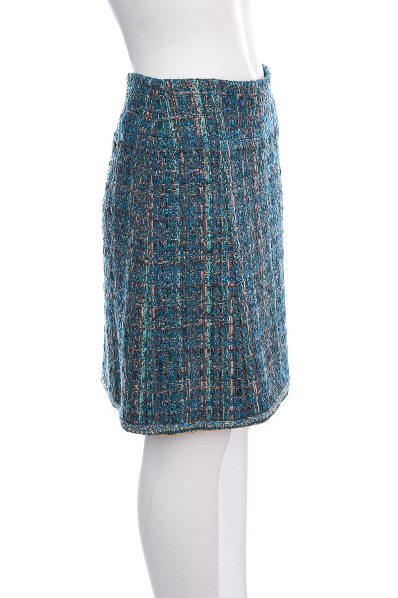 Chanel Teal Tweed Metallic Knee Length Skirt SZ 36 NWT
