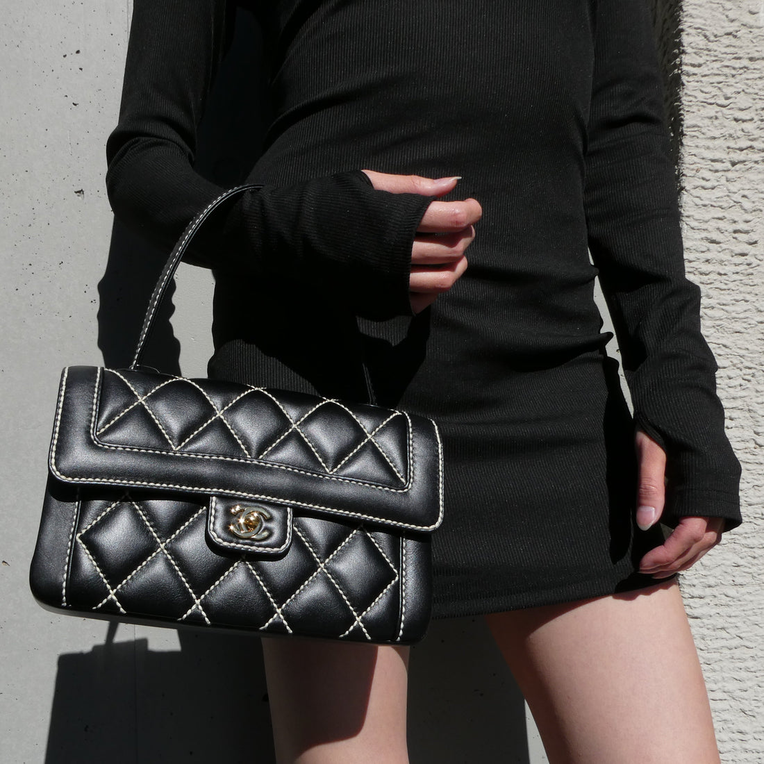 CHANEL 2004-2005 Black Calfskin Wild Stitch Handbag 75387