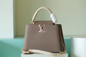 LV Capucines MM Taurillon Smokey Brown Gretlm/ Creme/ Pink For Womtlm, Womtlm’s Bags, Shoulder And Crossbody Bags 12.4in/31.5cm LV M59516