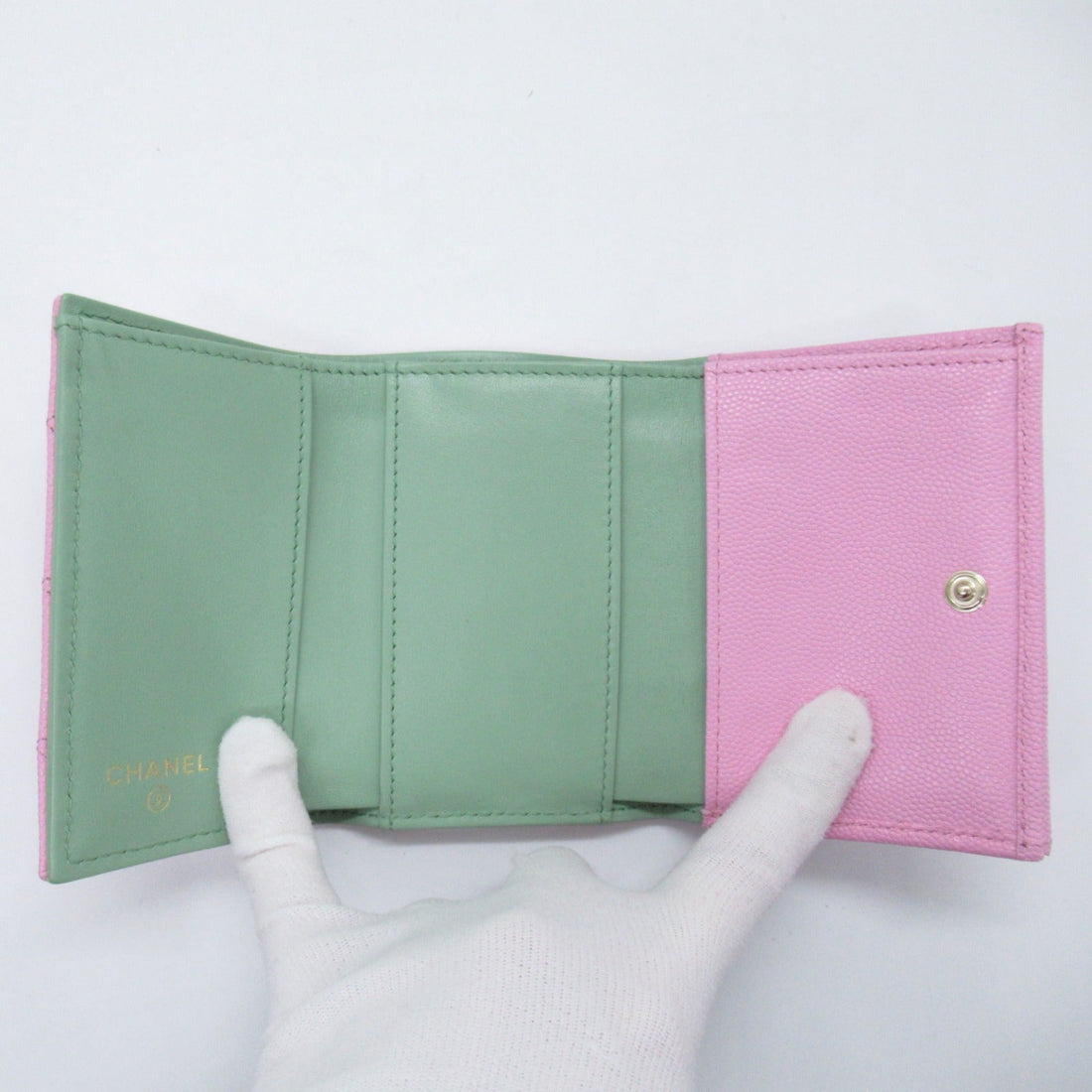 Chanel Three Fold Wallet Three Folded Wallet Caviar S (Green )  Black