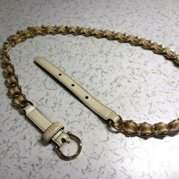 Amazing, Gucci Gold Tone Chain with a Yellow & White Striped Ribbon Woven Throughout with White Leather