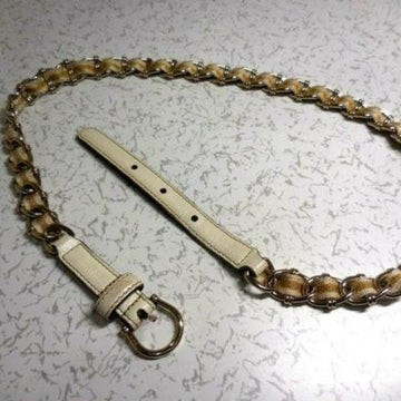 Amazing, Gucci Gold Tone Chain with a Yellow & White Striped Ribbon Woven Throughout with White Leather