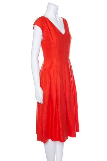 Loro Piana Red Sleeveless Linen Pleat Dress SZ 42