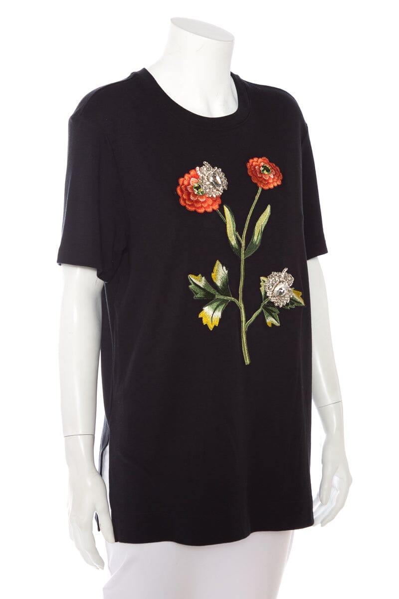 Oscar de la Renta Black Embellished and Flower Embroidered  T-Shirt SZ M