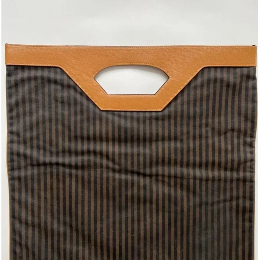 Fendi regimental stripe canvas & camel leather tote