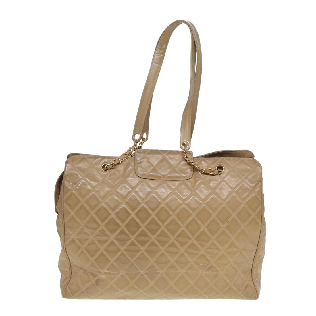 CHANEL Super Model bag Chain Turn Lock Bag Patent leather Beige CC Auth 77488