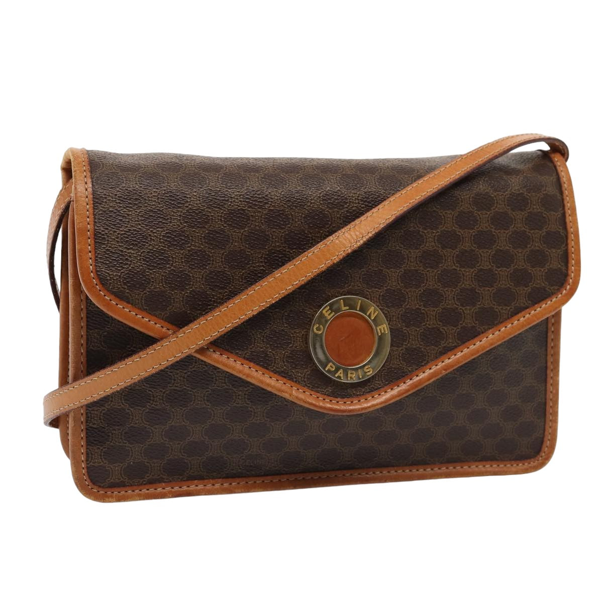 CELINE Macadam Canvas Shoulder Bag PVC Leather Brown Auth 78220