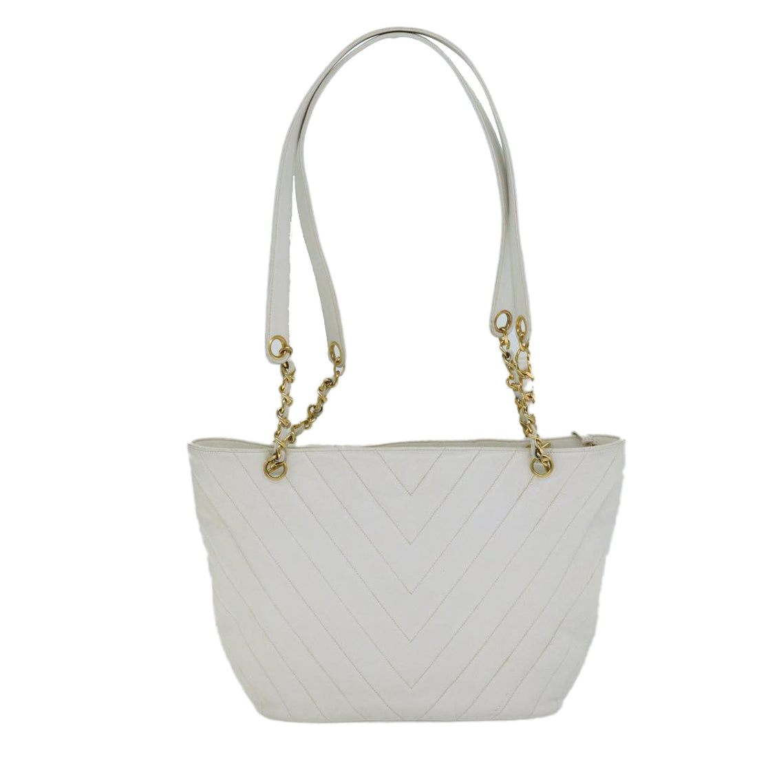 CHANEL V Stitch Shoulder Bag Caviar Skin White CC Auth 78485