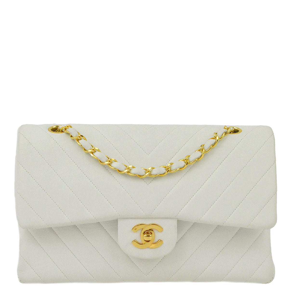 Chanel White Lambskin V Stitch Medium Classic Double Flap Shoulder Bag