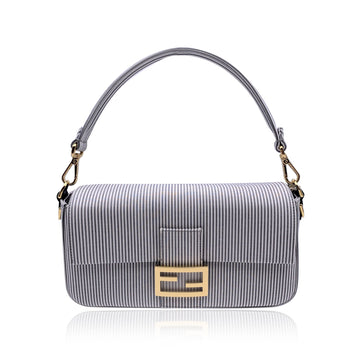 FENDI Light Grey Striped Cotton Bretagna Baguette Shoulder Bag