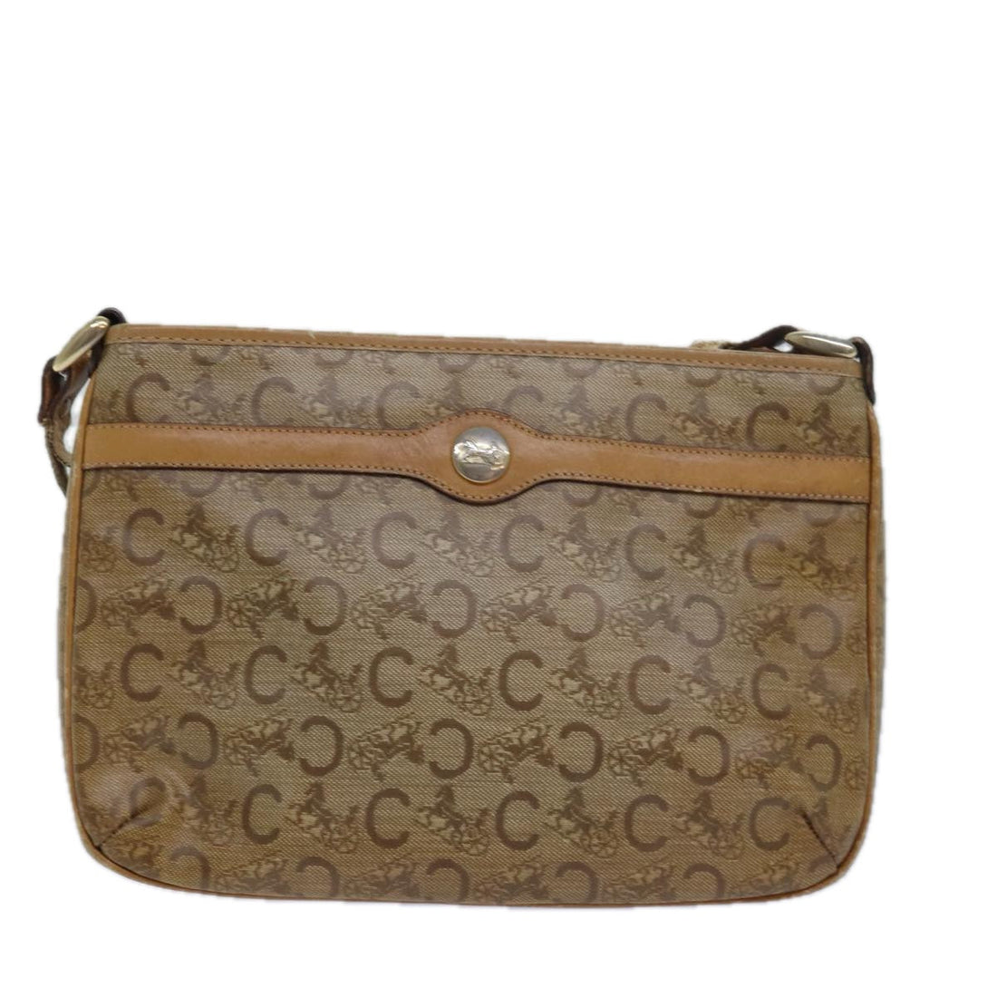 CELINE C Macadam Canvas Shoulder Bag Leather Beige Auth 79305