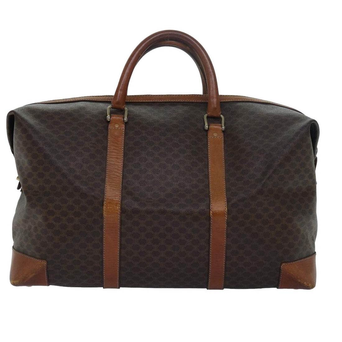 CELINE Macadam Canvas Boston Bag PVC Leather Brown Auth 79438