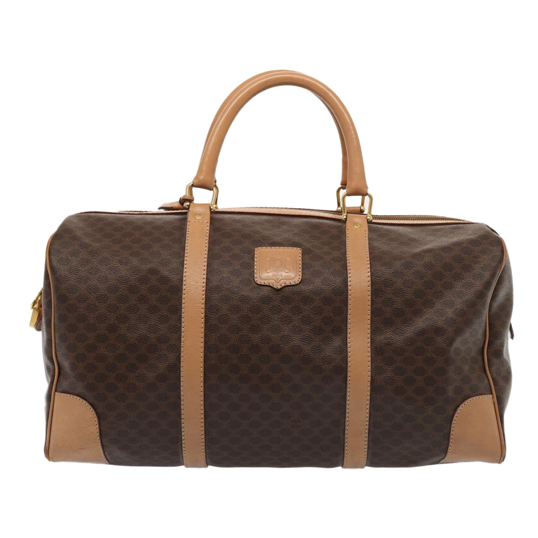 CELINE Macadam Canvas Boston Bag PVC Leather Brown Auth 79681