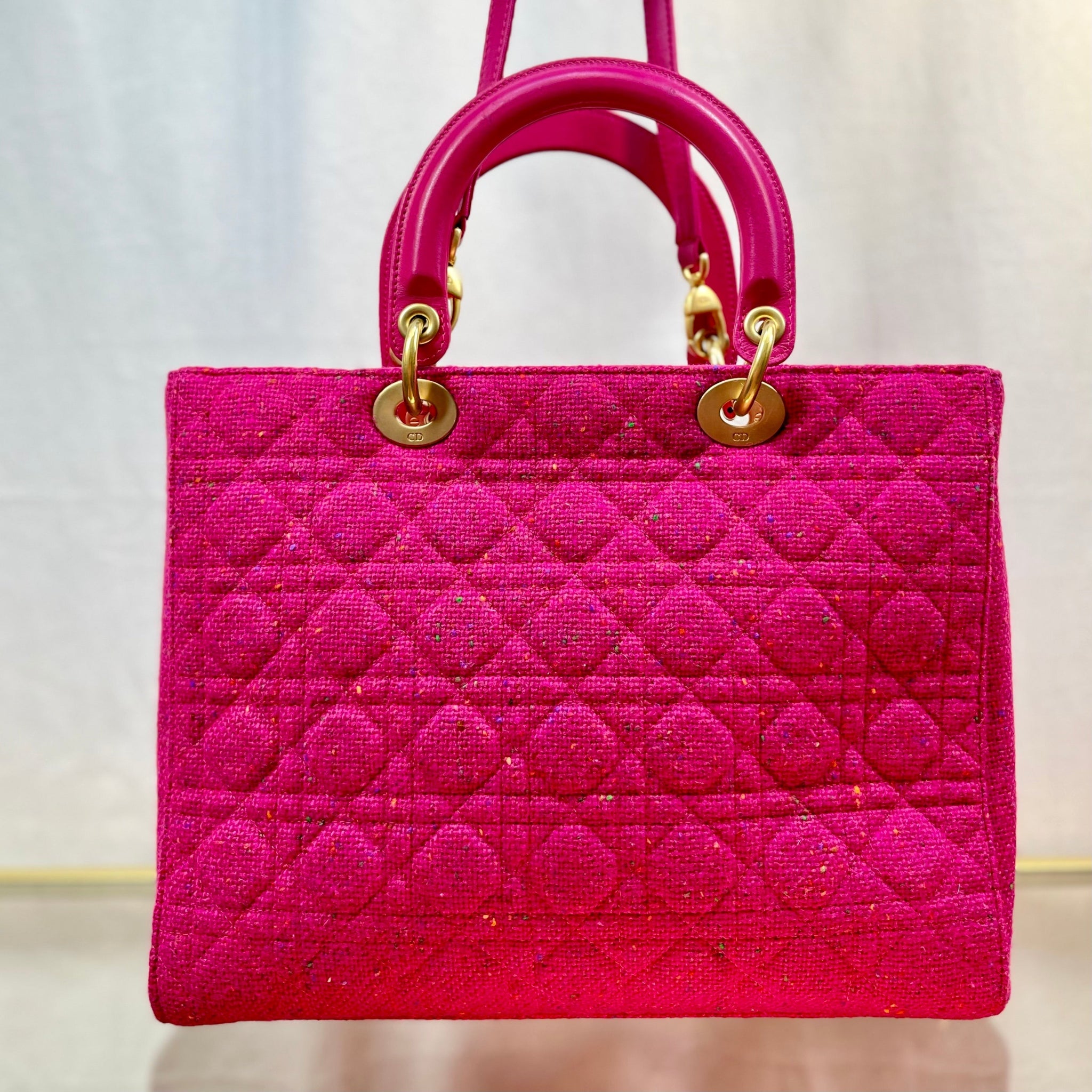 Christian Dior Large Lady Dior Pink Moyen Tweed Cannage Tote Bag TS3693