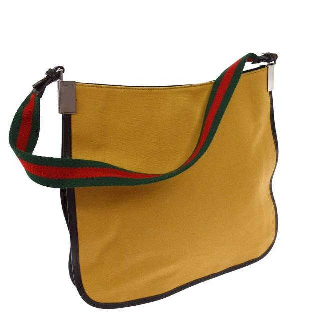 Gucci Vintage Tan Canvas And Brown Leather With A Red Green Striped Strap Hobo