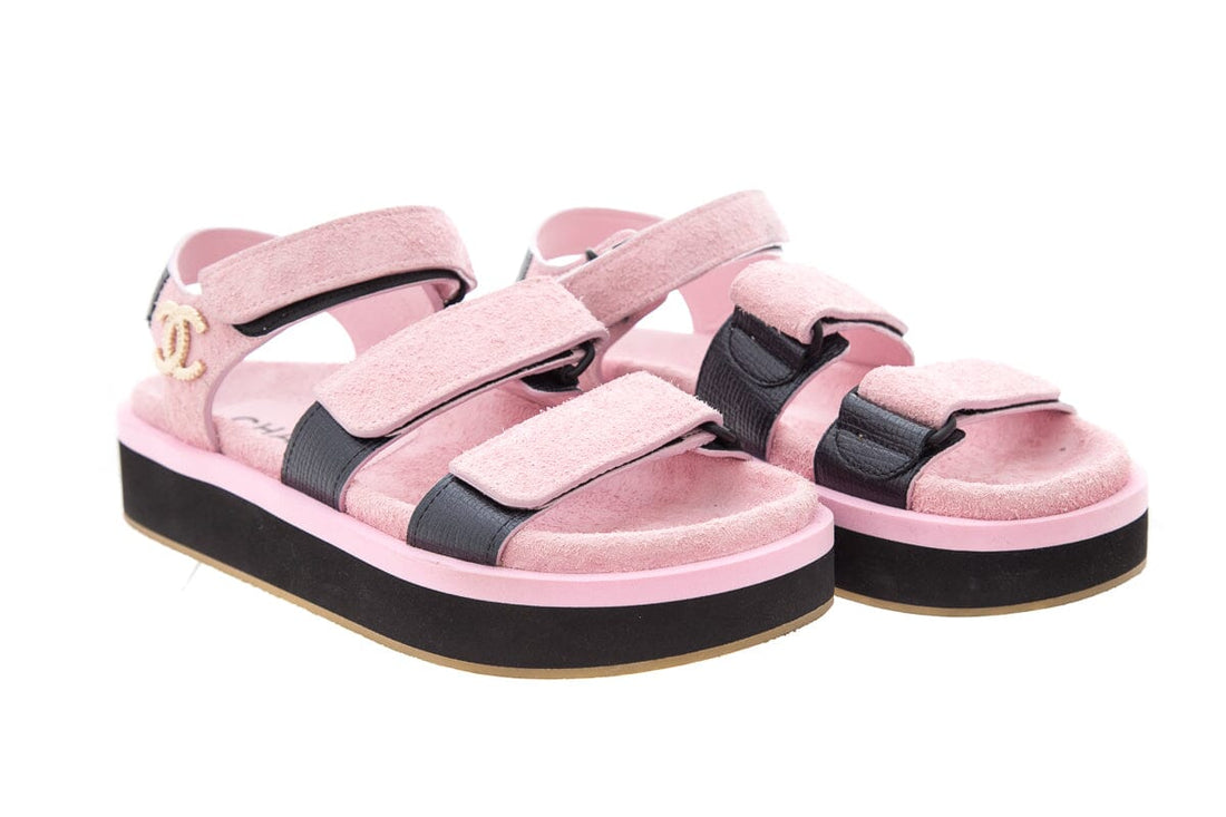 Chanel Pink Suede Calfskin Velcro Sandals SZ 37