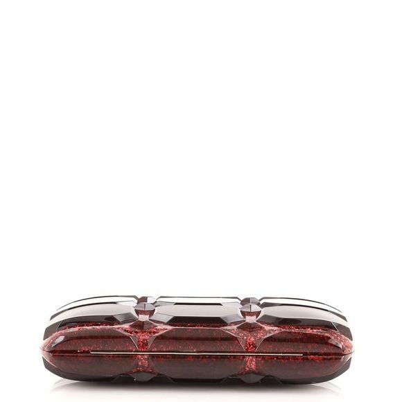one of a kind, vintage, Gucci Aristographic Red Glitter Plexiglass clutch made of red glitter faceted heavy resin plastic with a latch top