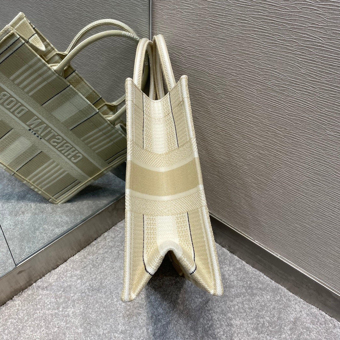 DI Medium Book Tote Beige Stripes Embroidery Bag For Womtlm 14in/36cm CD