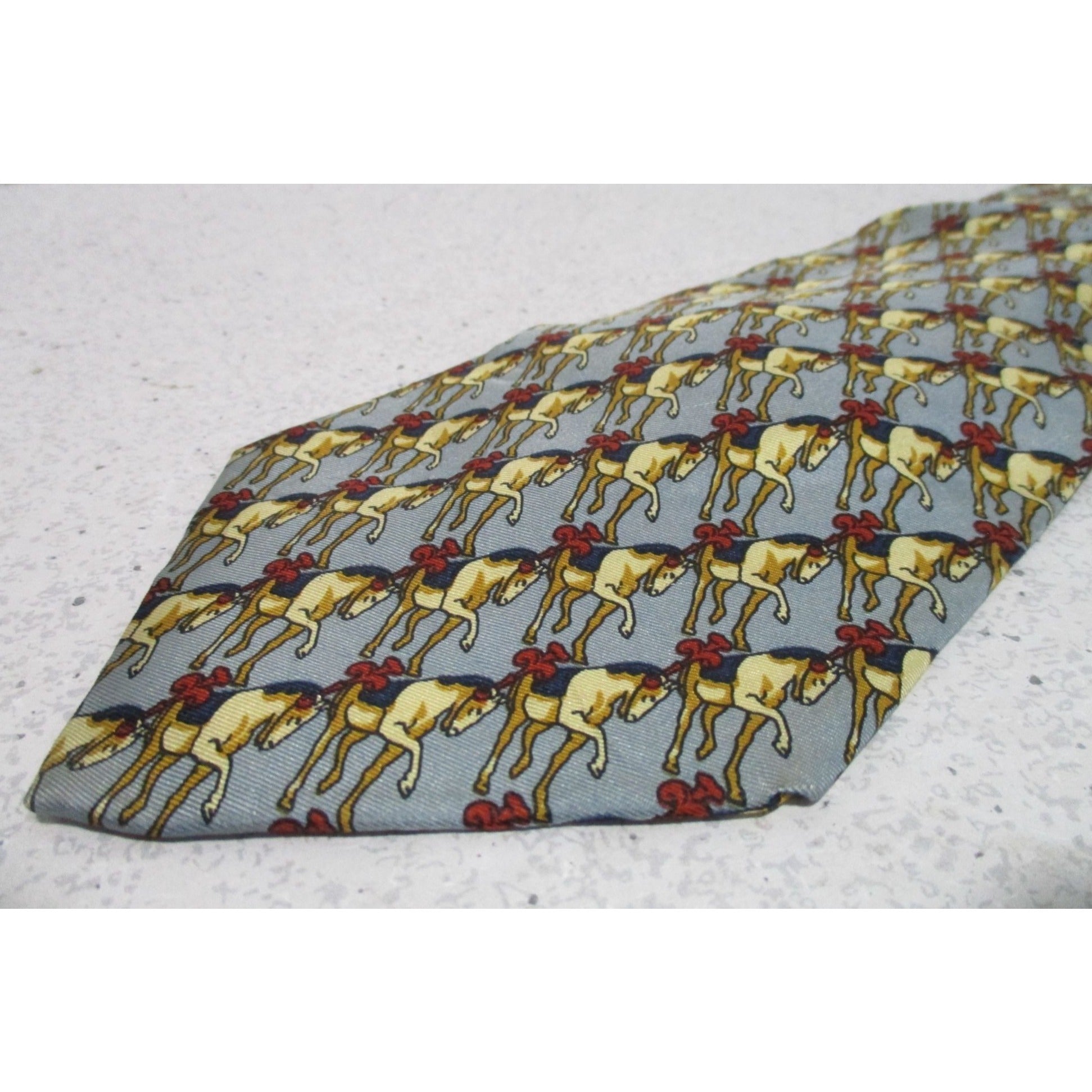 Vintage. Fendi, blue and red, equestrian horse motif silk tie
