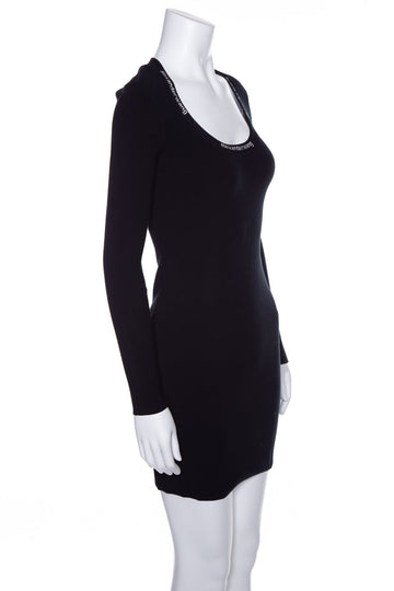 Alexander Wang Black Knit Long Sleeve Logo Collar Dress SZ S NWT