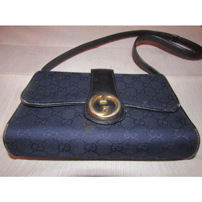 Gucci, deep blue Guccissima print canvas and black leather, envelope top, 1973 two-way-shoulder purse