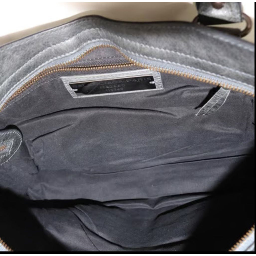 Balenciaga "City" style XL two-way satchel in pewter gray leather with gold hardware, fringe accents & a detachable shoulder strap