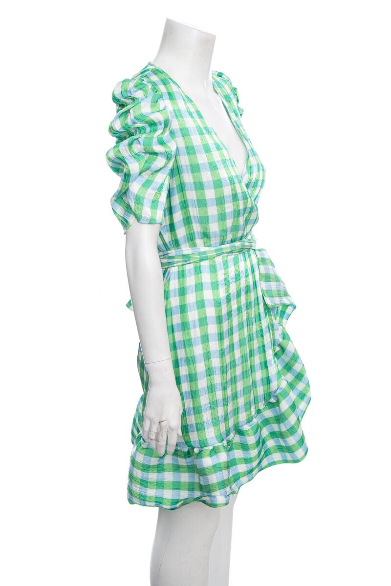 Tanya Taylor Blue & Green Shimmer Plaid Wrap Dress SZ 4
