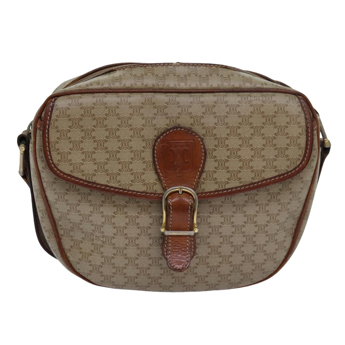 CELINE Macadam Canvas Shoulder Bag PVC Leather Beige Auth 80230