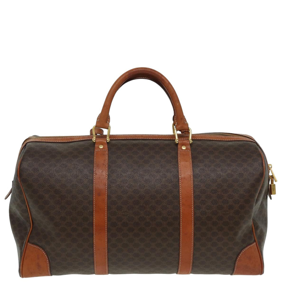 CELINE Macadam Canvas Boston Bag PVC Leather Brown Auth 80956