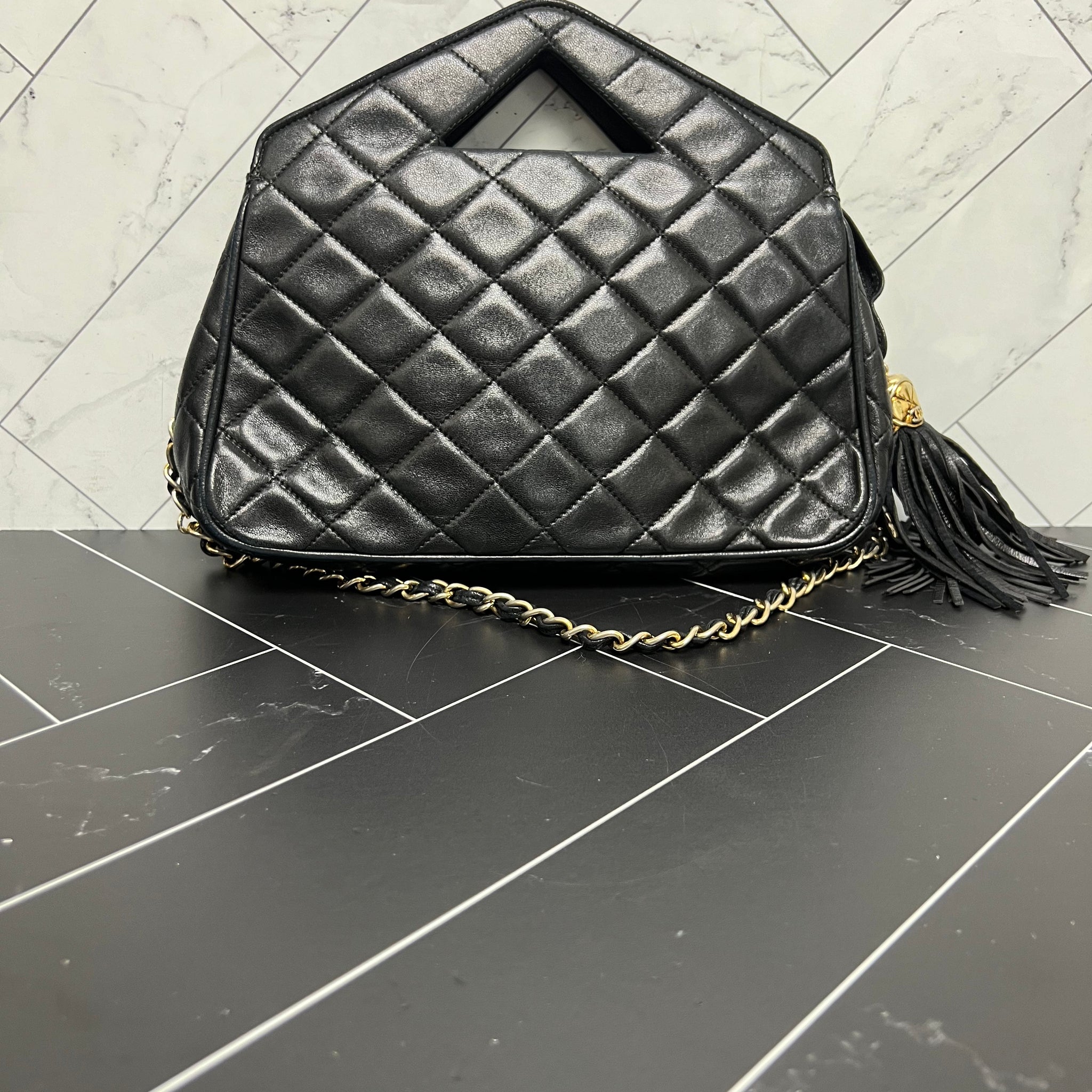 RARE Chanel Black Quilted Lambskin Chain Sling