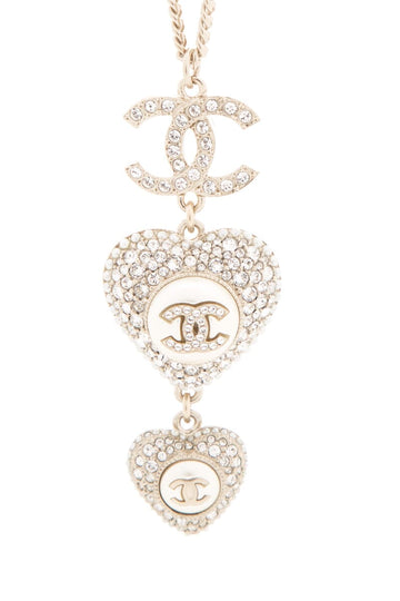 Chanel 2022 Crystal Heart Pendant Long Gold Necklace