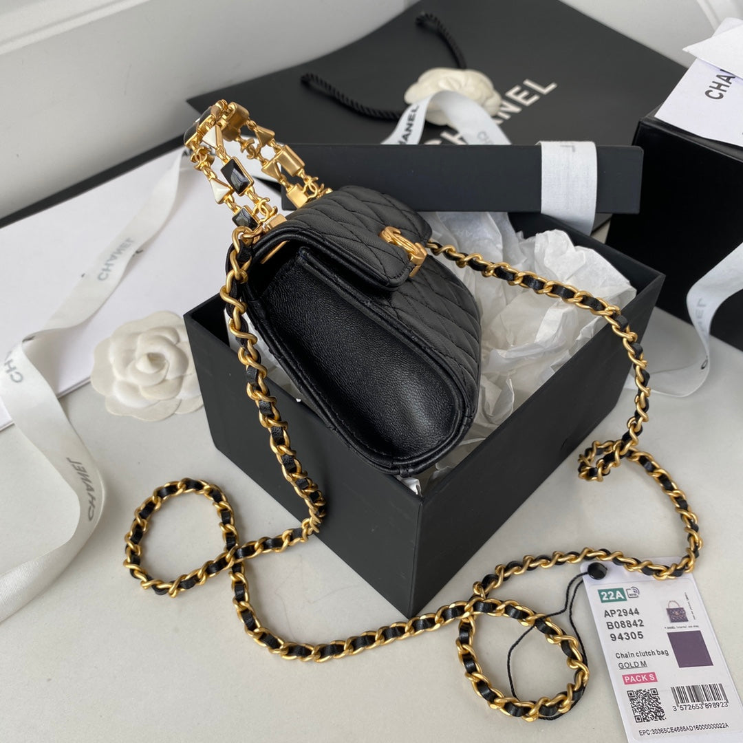 CHL Clutch With Chain Gold Hardware Black For WomTLM, WomTLM&#8217;s Handbags, Shoulder Bags 5.7in/14.5cm AP2945