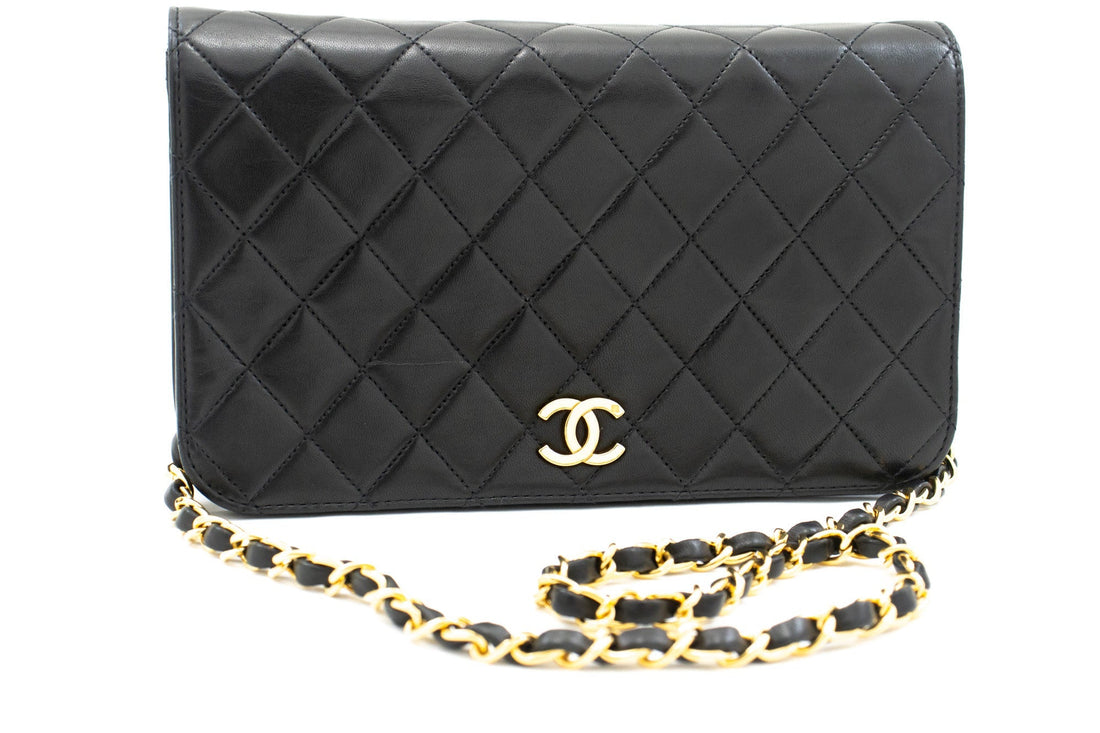 CHANEL Full Flap Chain Shoulder Bag Clutch Black Quilted Lambskin