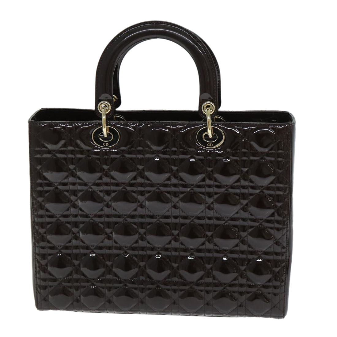 CHRISTIAN DIOR Lady Dior Canage Hand Bag Patent leather Brown Auth 81759