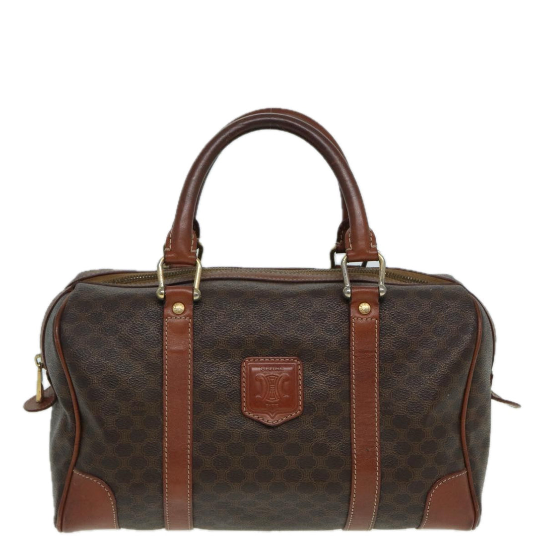 CELINE Macadam Canvas Boston Bag PVC Leather Brown Auth 82687