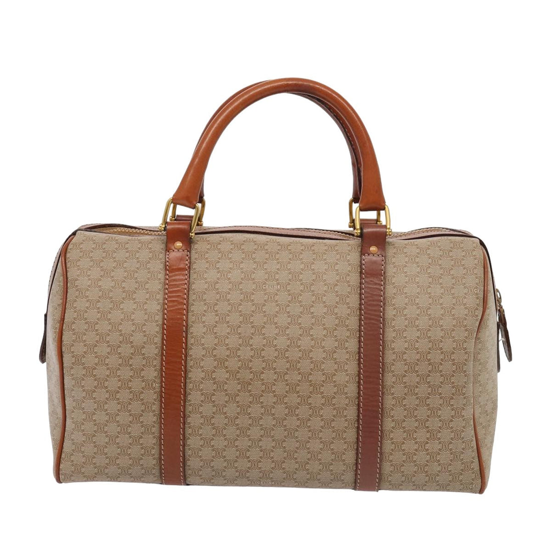 CELINE Macadam Canvas Boston Bag PVC Leather Beige Auth 82895