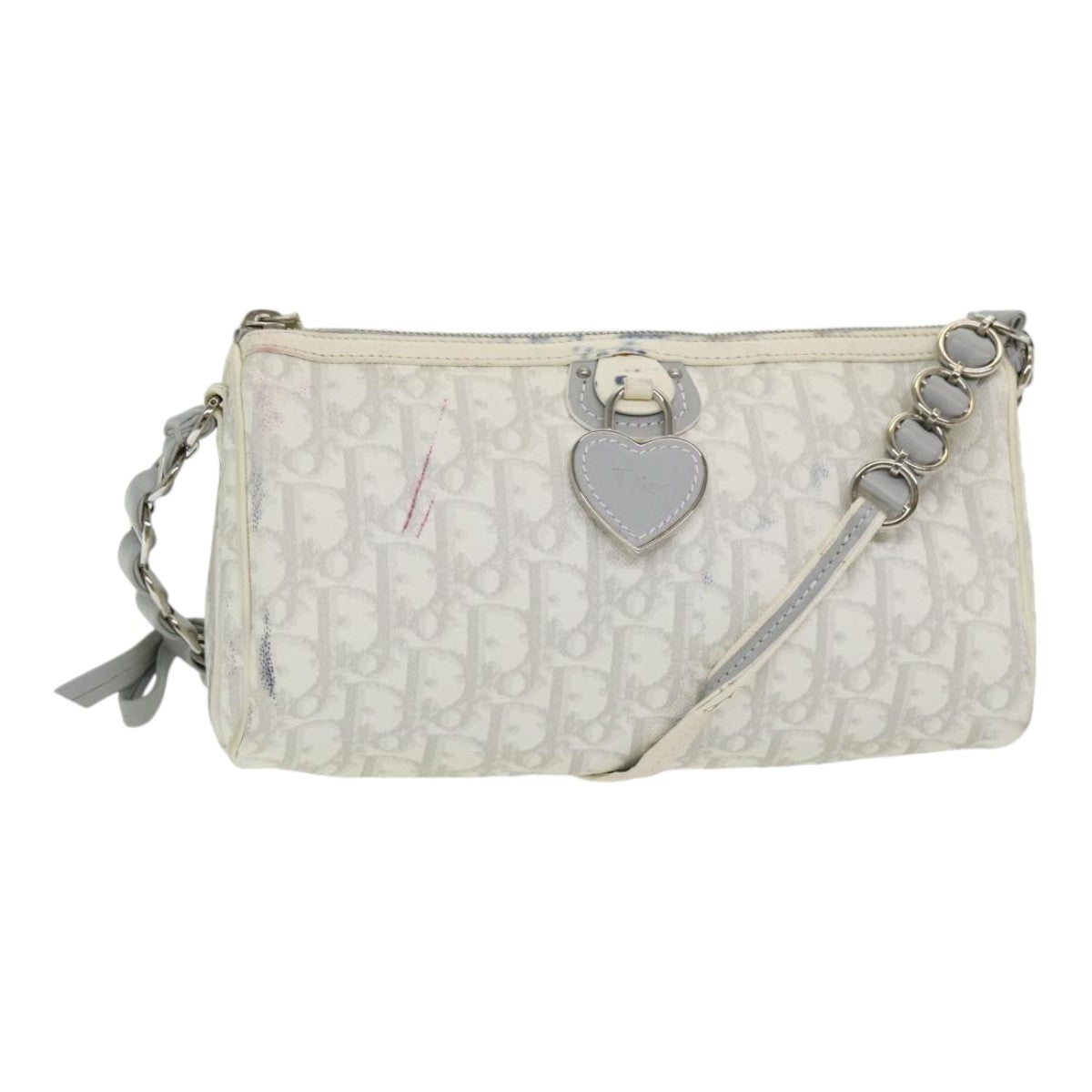 CHRISTIAN DIOR Trotter Canvas Hand Bag PVC Leather White Silver Auth 84478