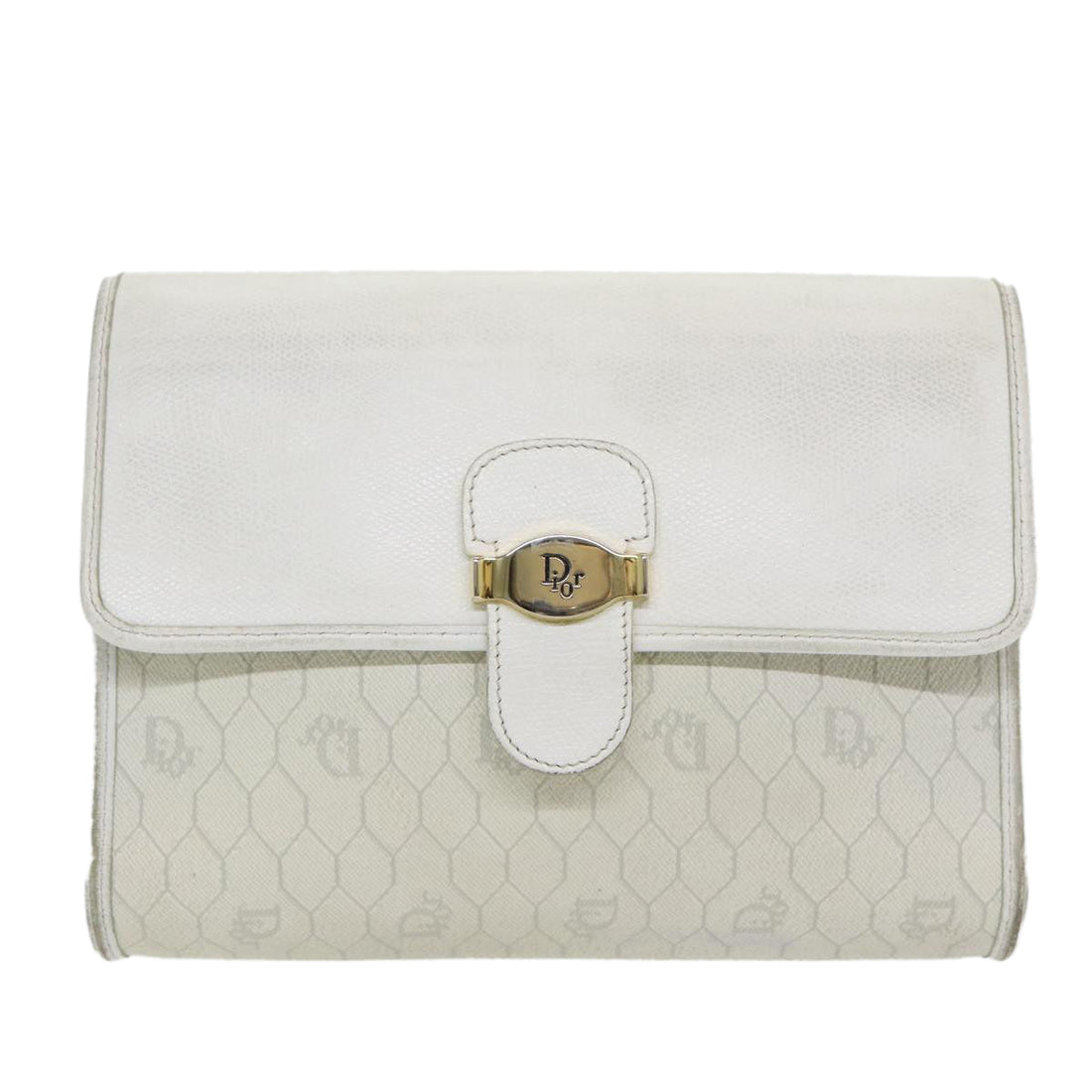 CHRISTIAN DIOR Honeycomb Canvas Shoulder Bag PVC Leather White Gold Auth 85684