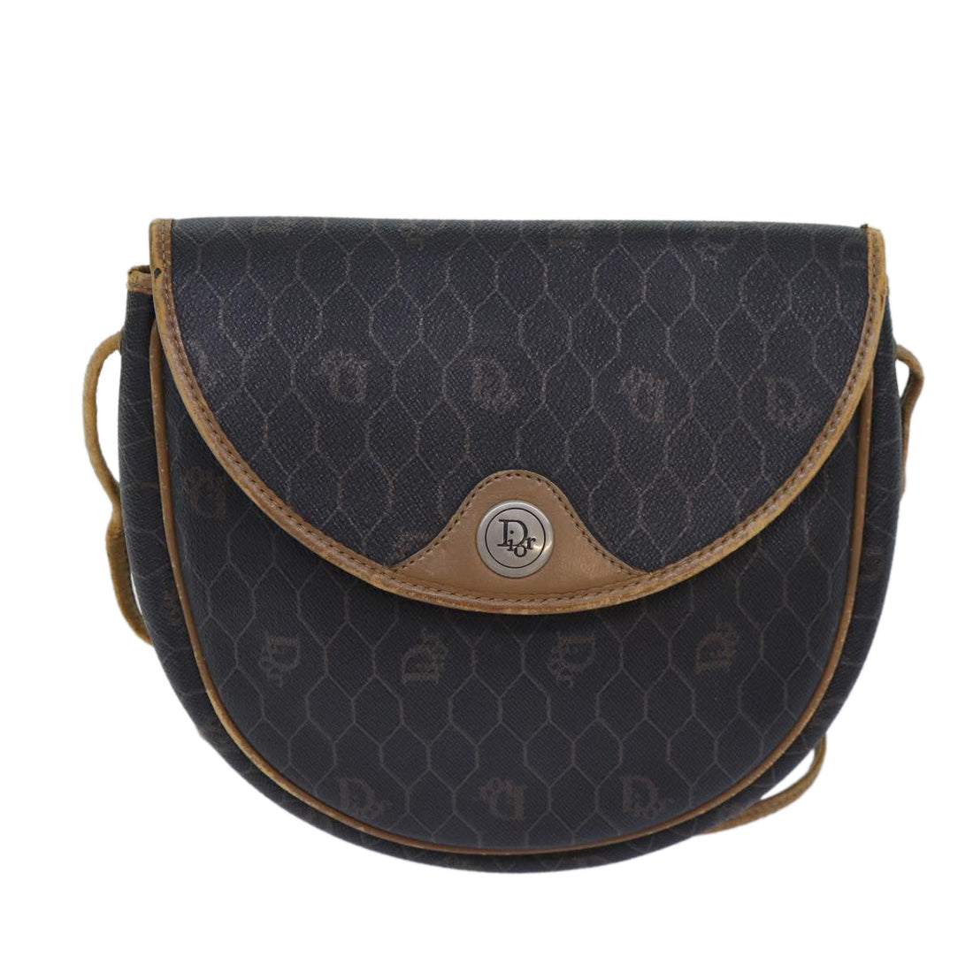 CHRISTIAN DIOR Honeycomb Canvas Shoulder Bag PVC Leather Brown Silver Auth 85690