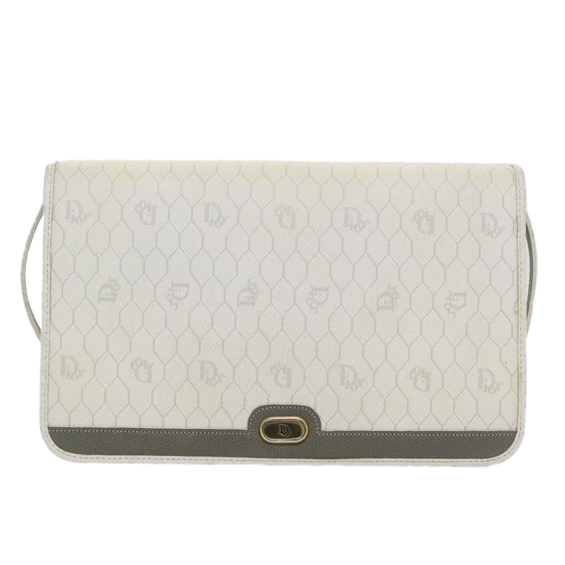 CHRISTIAN DIOR Honeycomb Canvas Shoulder Bag PVC Leather White Gold Auth 85691