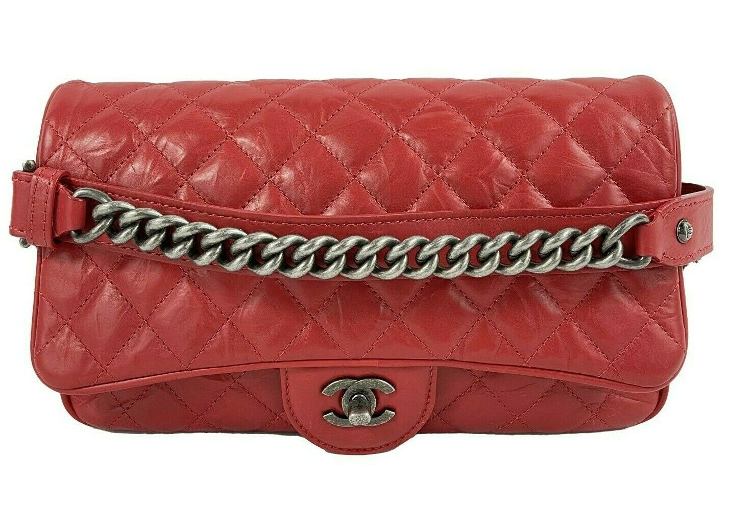 CHANEL Red Crinkled Leather Boy Chain Flap Bag / Silver-Aged - Shoulder Bag