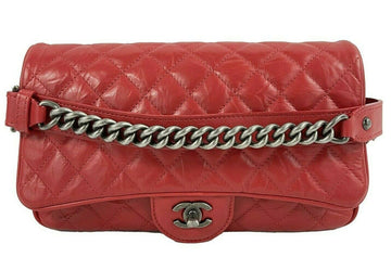 CHANEL Red Crinkled Leather Boy Chain Flap Bag / Silver-Aged - Shoulder Bag