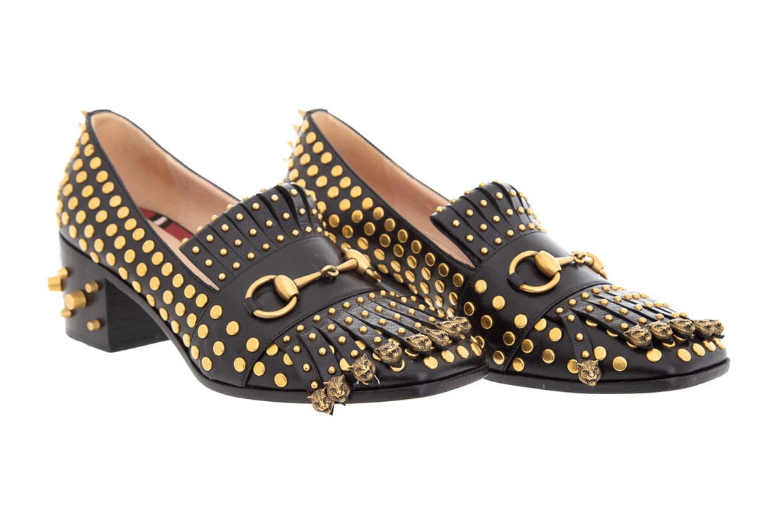 Gucci Black and Gold Studded Polly Leather Heeled Loafer SZ 38