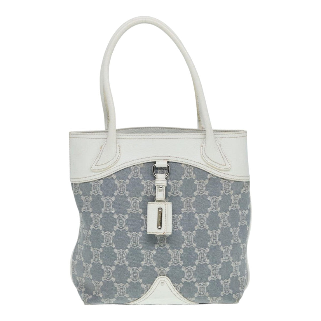 CELINE Paris Macadam Canvas Tote Bag Leather Blue White Silver Auth 87066