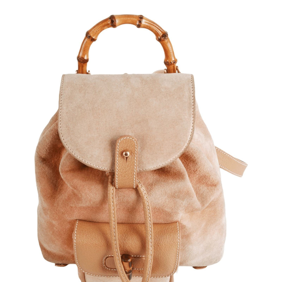 Tom Ford era, Gucci, tan colored, suede and leather, messenger bag/backpack with an exterior pocket, drawstring top, two shoulder strap