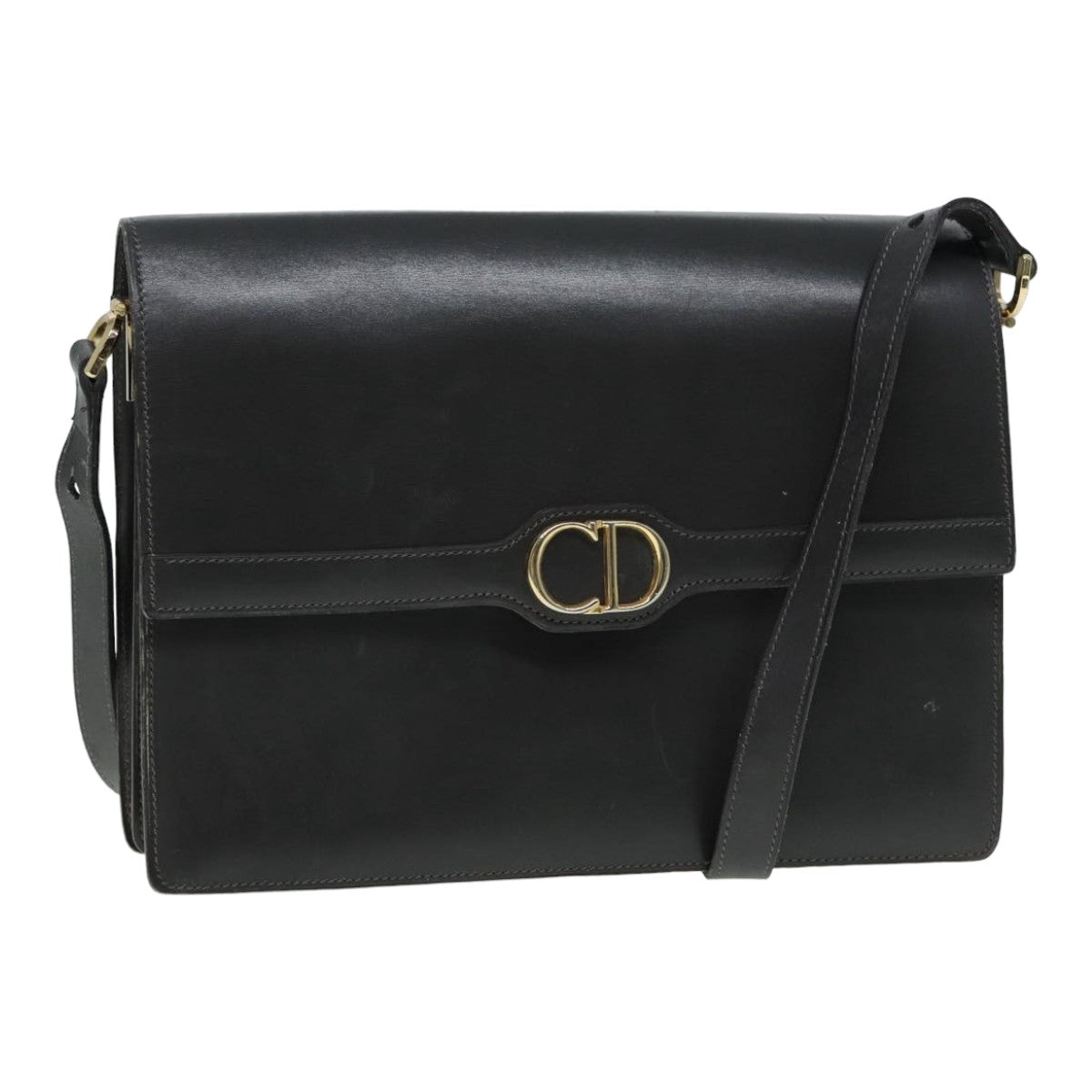 CHRISTIAN DIOR Shoulder Bag Leather Gray Gold Auth 87198