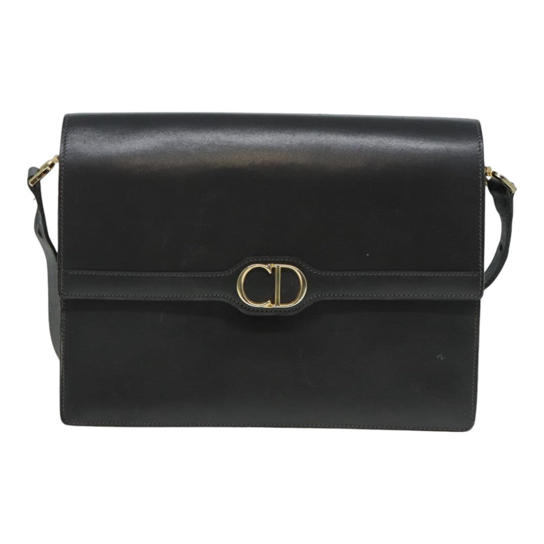 CHRISTIAN DIOR Shoulder Bag Leather Gray Gold Auth 87198